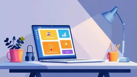 Flat laptop editorial dashboard with colorful marketing icons desk