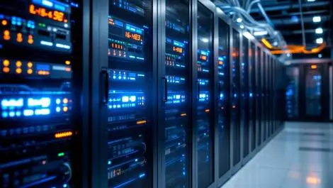 Secure data center computer servers with cables backup equipment protection reliability