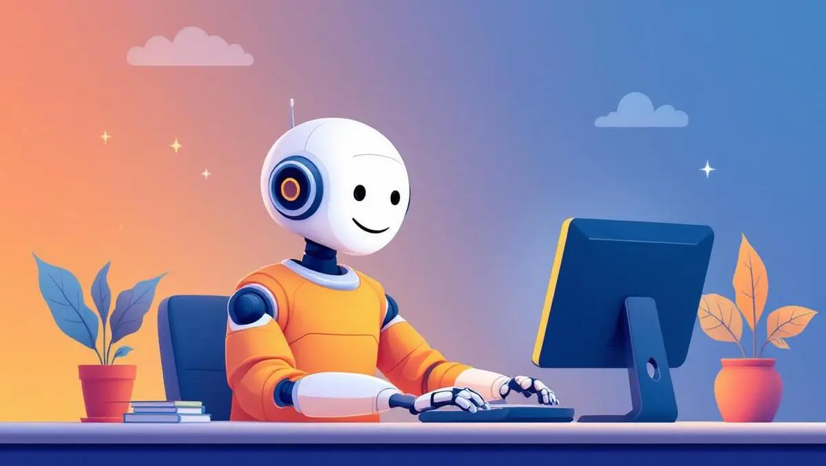 Friendly robot assisting person computer ai customer support automation