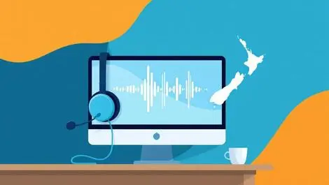 Headset desktop monitor voice waveforms communication solutions australia nz vector