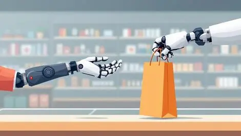 Human hand passing shopping bag to robot hand retail ai interaction