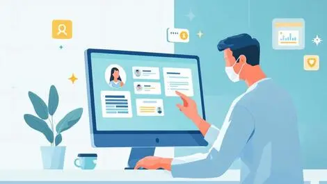 Doctor reviewing patient feedback data computer medical icons privacy shield