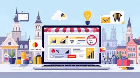 Digital advertising germany ecommerce laptop targeted ads icons graphs