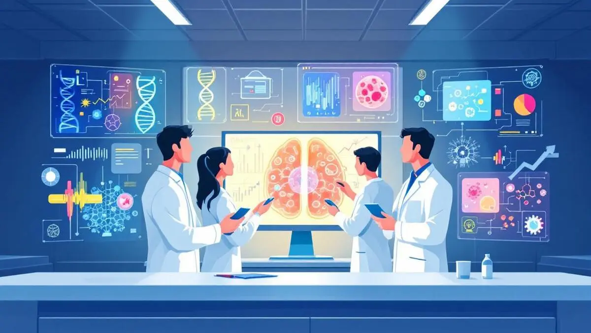 Four scientists modern lab ai healthcare research dna cancer cells