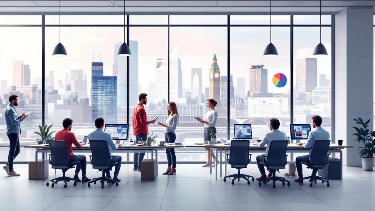 Modern uk office collaborative employees digital devices cost efficient hybrid work london cityscape