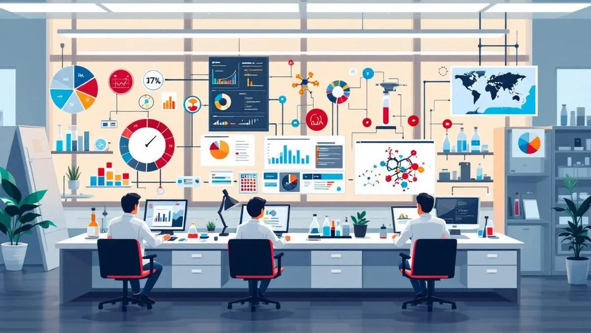 Modern laboratory workspace scientists computers data charts integration