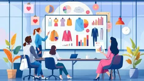 Modern office fashion professionals analysing colorful charts clothing data