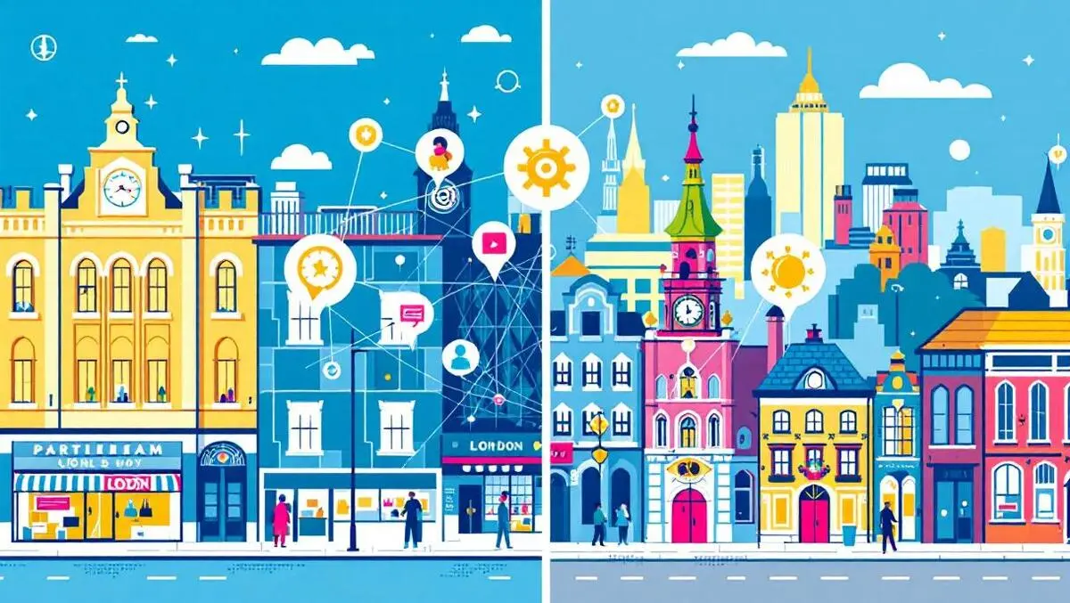 London cityscape small businesses digital connections vs regional town