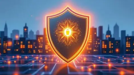 Realistic illustration shield protecting computer networks server racks public sector buildings symbolizing government cyber defence