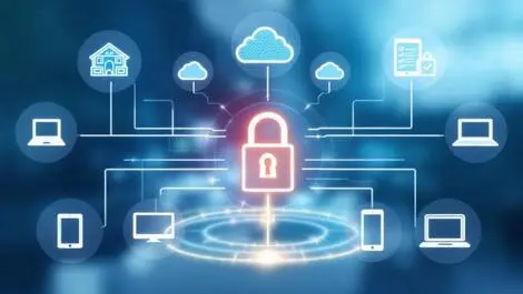 Secure digital lock cloud connections remote access web applications blue background