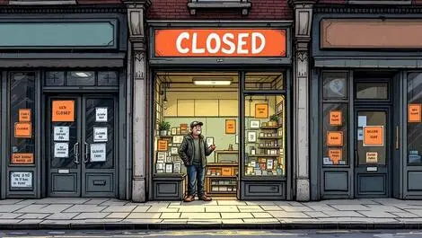 Stressed small shop owner inside empty shop uk street overcast weather