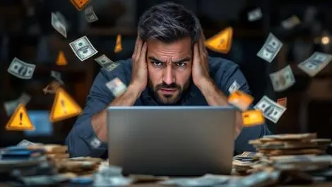 Worried merchant laptop digital credit cards dollar bills warning symbols financial losses payment fraud