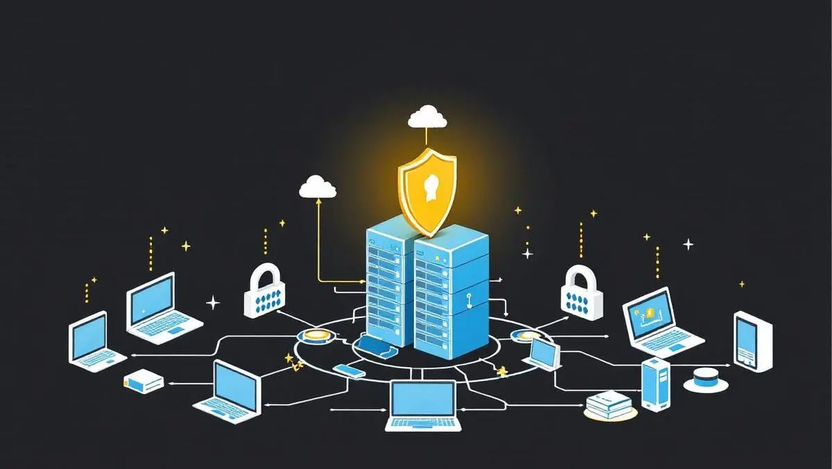 Secure network environment interconnected servers shield icons digital devices