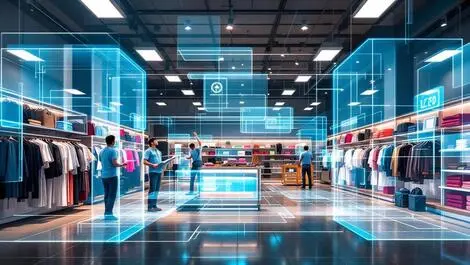 Large clothing store interior workers upgrading ceiling led lights with digital 3d mapping overlays modernizing retail