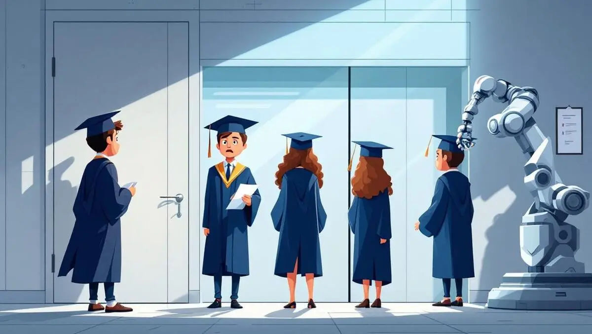Worried uk graduates in gowns standing before closed office doors with robotic arm handling paperwork