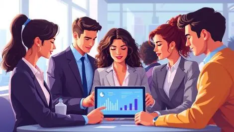 Professionals business attire around digital tablet data charts teamwork