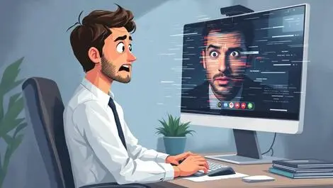 Worried business executive in canadian office viewing digital glitch deepfake scam on computer