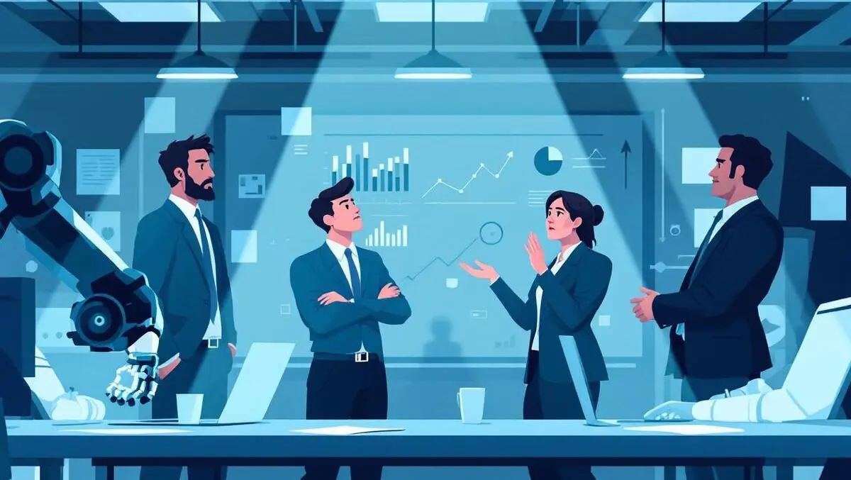 Business executives uk office ai technology robotic arm digital charts uncertainty