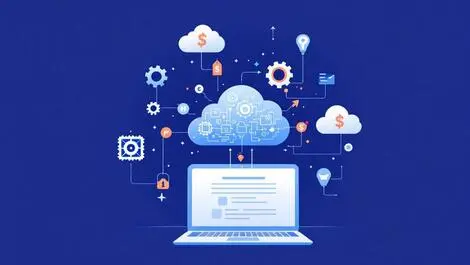 Cloud icons interconnected digital gears pricing tags above laptop saas integration complexity
