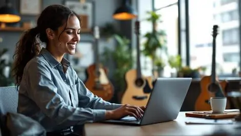 Happy businessperson checking sales data laptop guitars modern office marketing success