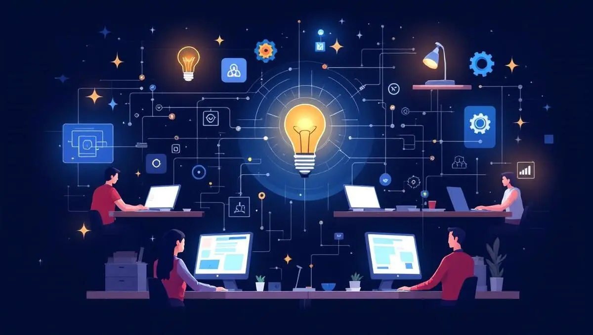 Office employees using digital devices ai network lines lightbulb gears modern workplace