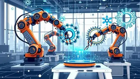 Realistic illustration robotic arms digital gears automation uk office