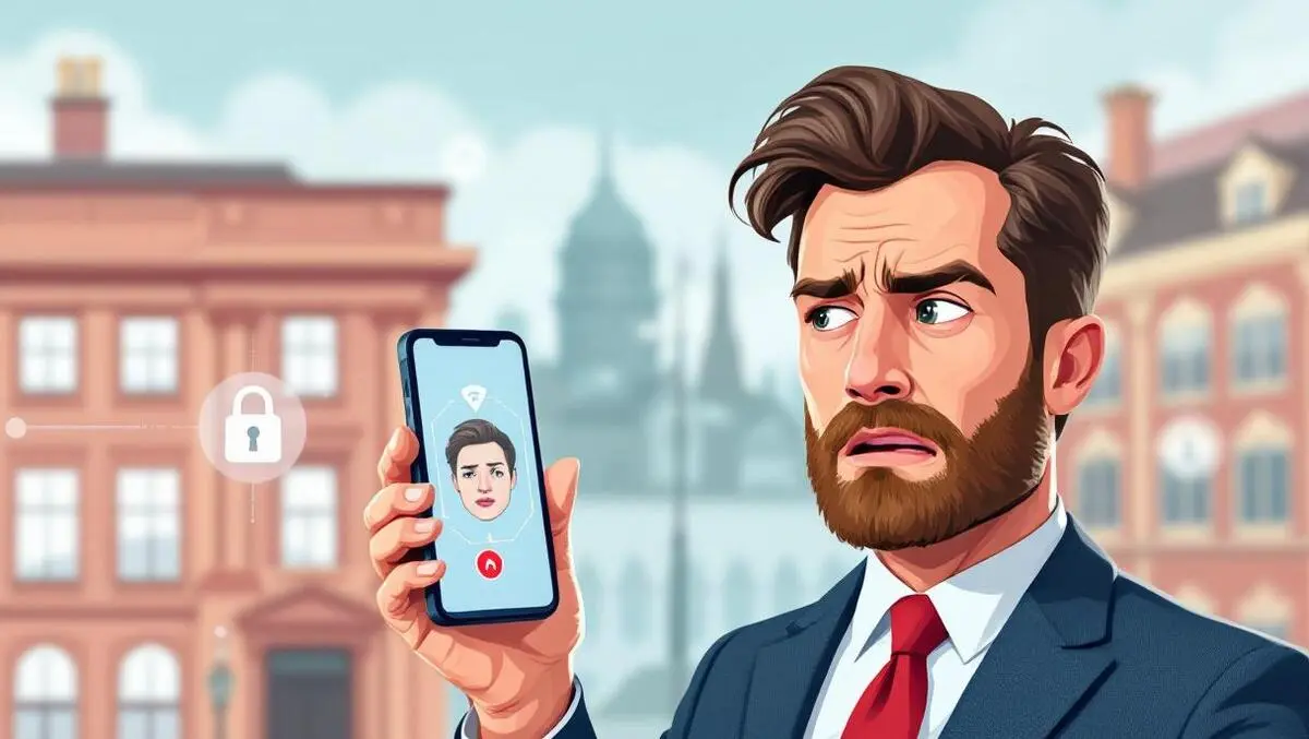 Uk company director holding smartphone face scan identity verification worried expression british office building digital lock graphics