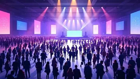 Montreal conference hall business professionals networking stage spotlight tech symbols