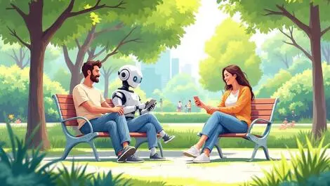 Relaxed australian people enjoying sunny park with friendly robot interaction