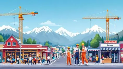 Bustling new zealand south island town construction cranes cafes shops