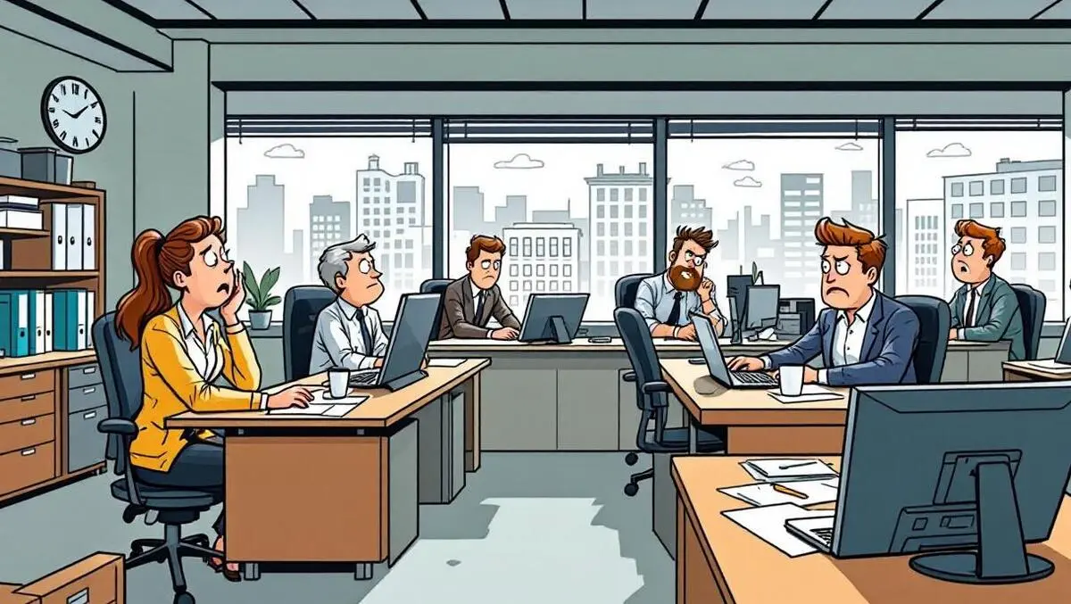 Uk office workers sitting desks traditional office space cityscape