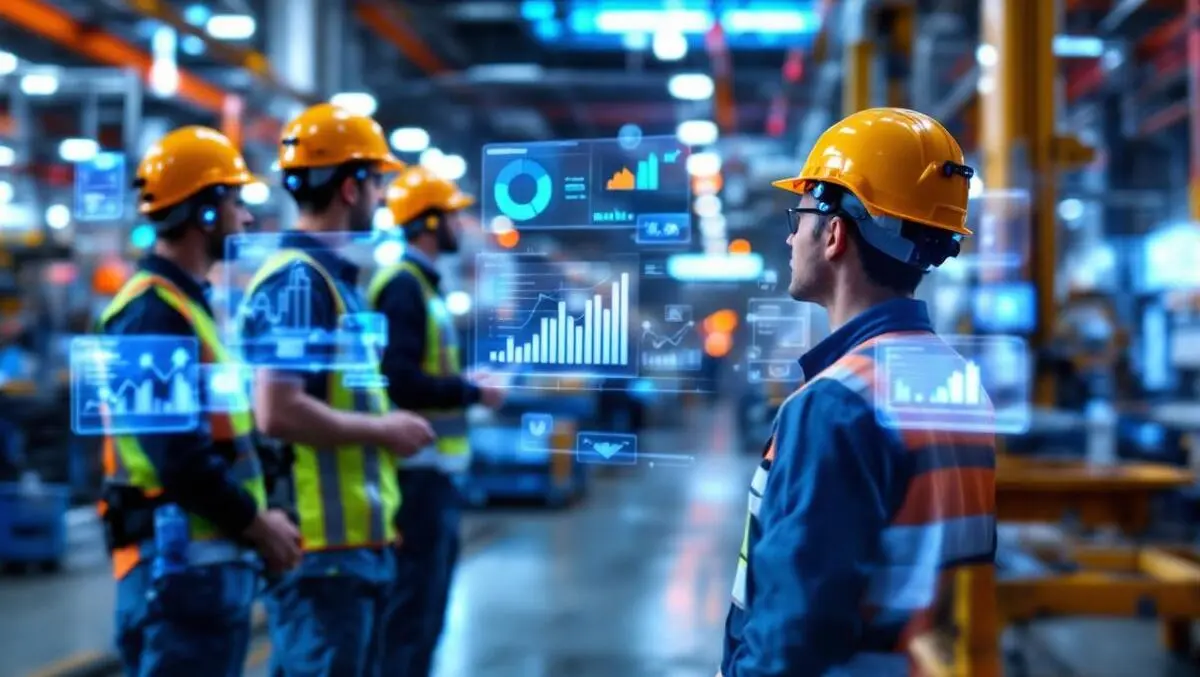 Workers wearing modern safety wearables with digital analytics dashboard
