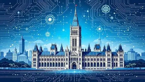 Canadian parliament ai digital motifs neural networks circuit patterns blue sky