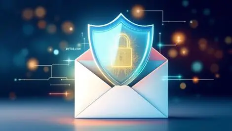 Realistic shield icon over email envelope with digital security data streams