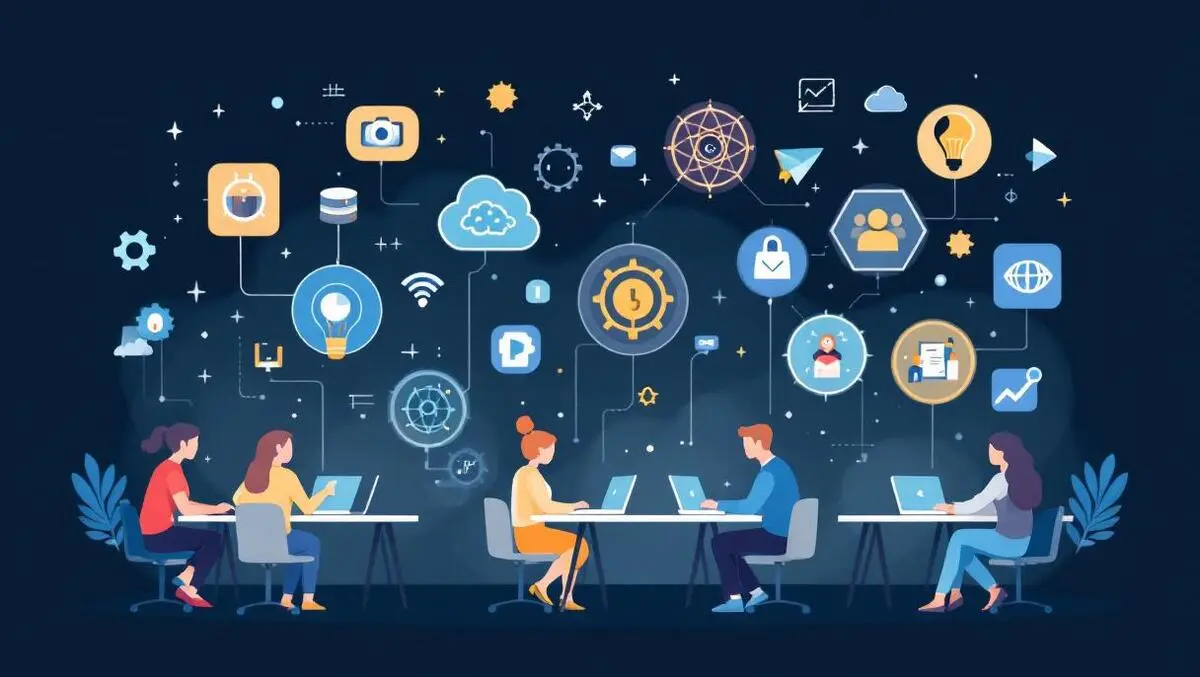 People sitting at desks with laptops digital icons machine learning cloud computing code data science online learning