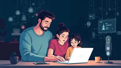 Australian family using laptop at home with shadowy digital cyber threats