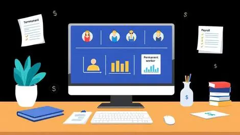 Office desk computer screen charts employee icons temp perm workers payroll