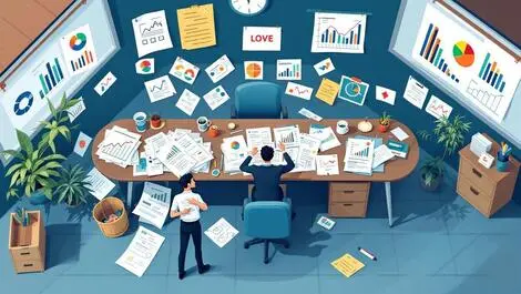 Cluttered office desk scattered papers unfinished charts confused business people struggling marketing plans