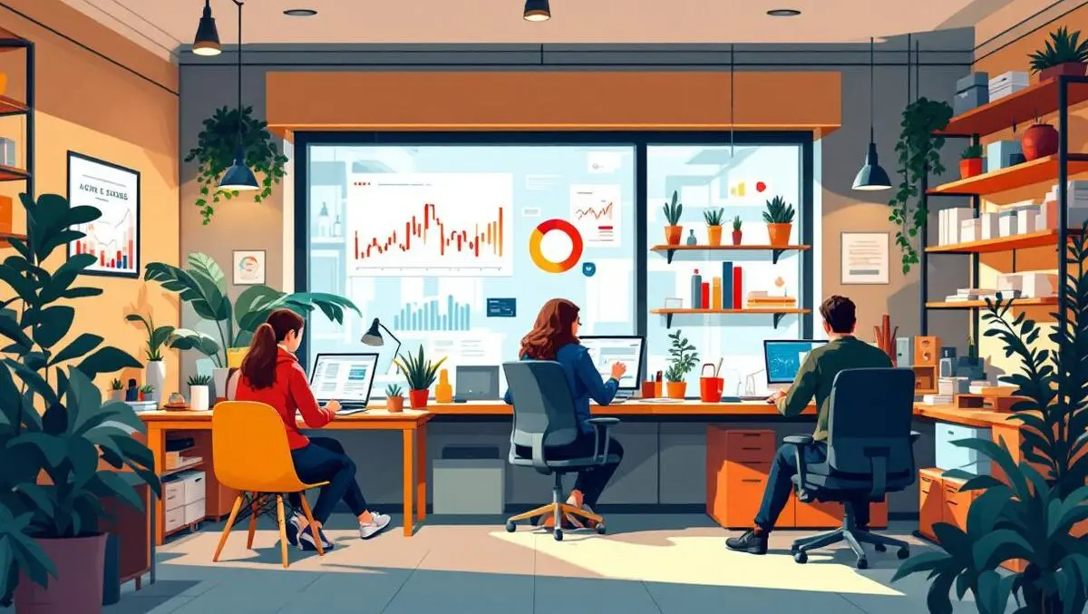 Uk small shop modern workspace people laptops data analytics cozy office