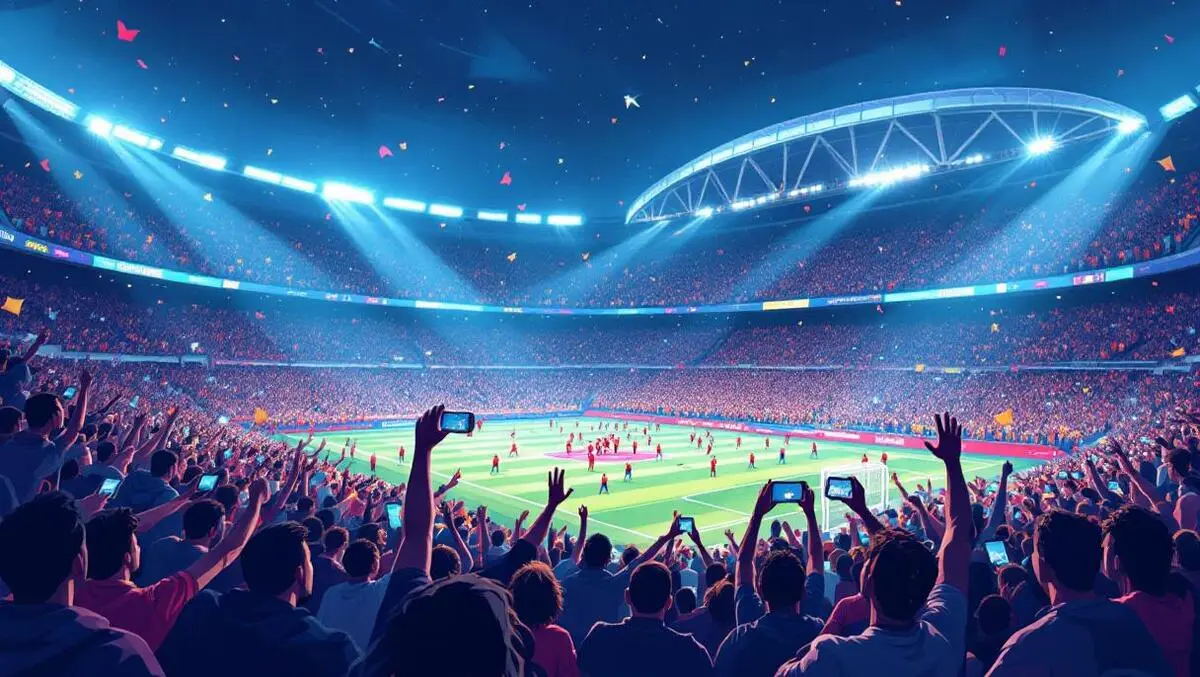 Crowded football stadium cheering fans vibrant atmosphere digital screens mobile devices