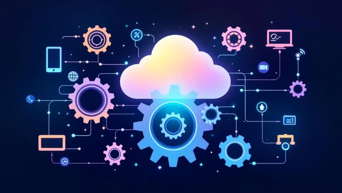 Interconnected gears cloud icons abstract lines automated workflows digital devices enterprise systems