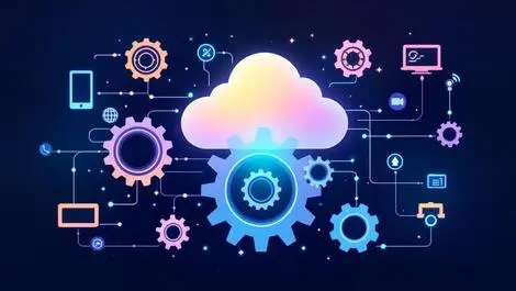 Interconnected gears cloud icons abstract lines automated workflows digital devices enterprise systems