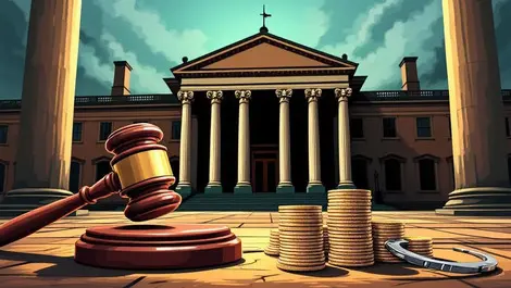 British courthouse pillars judges gavel handcuffs shadow coins fraud penalties