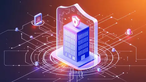 Secure office building digital shield cybersecurity network icons