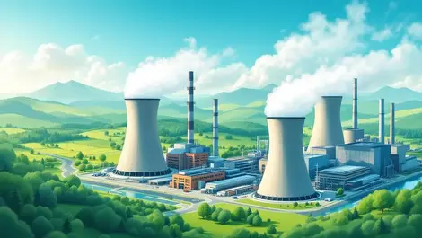 Modern nuclear power plants industrial facilities clean steam green landscapes sustainable industry