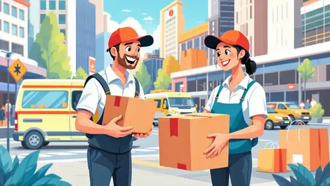 Cheerful australian small business owners parcels delivery vans melbourne cityscape ecommerce growth