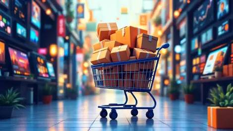 Digital illustration shopping cart overflowing packages online shopping interfaces digital marketplace