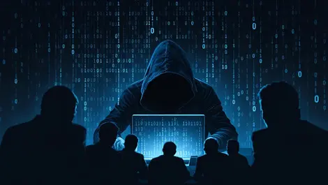 Tense hooded figure dark room binary code shadowy office workers risk