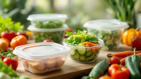 Realistic plant based bioplastic food containers with fresh vegetables on clean table