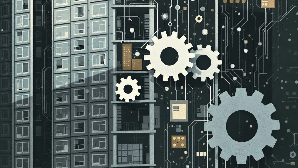 Apartment buildings with misaligned gears and circuitry symbolizing tech integration